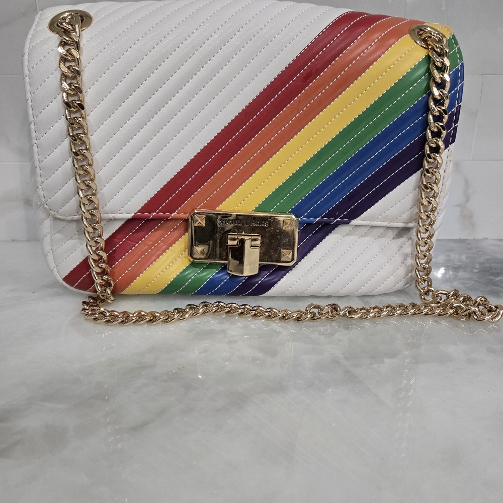 Michael Kors White Quilted Bag with Rainbow Stripes